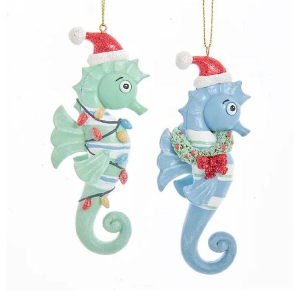 Whimsical Blue Green Seahorses in Santa Hat Christmas Holiday Ornaments Set of 2